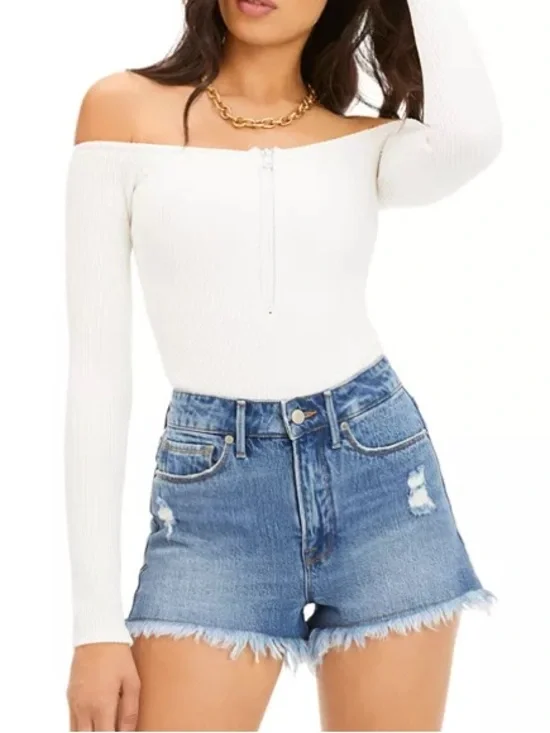 Good American Off Shoulder Half Zip Ribbed Bodysuit Cream Snap Close NWT 3XL (6) - Picture 1 of 16